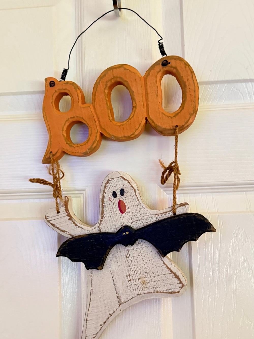 Wooden Halloween Orange BOO Hanging Wall Decor with White Ghost and Black Bat